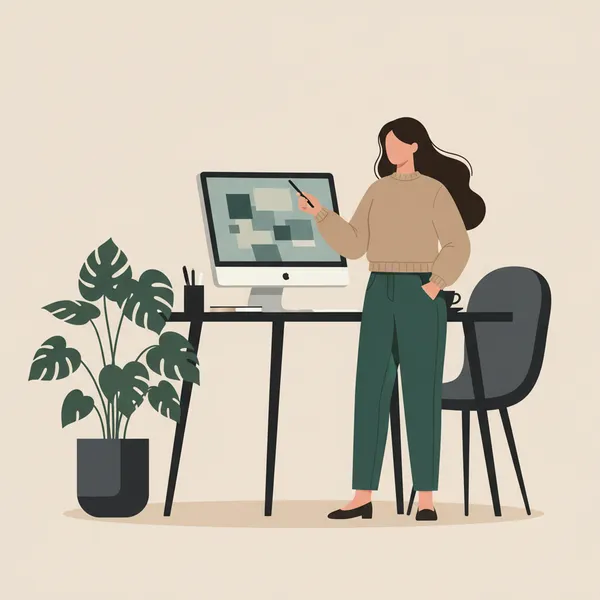 Professional workspace illustration showing a wellness practitioner at their desk